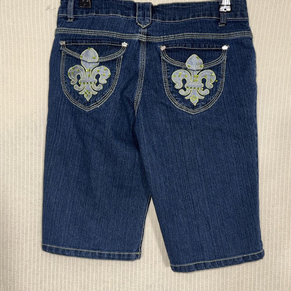 Jewel Denim Bermuda Shorts Sz 16 Y2K Embellished Pocket Fleur De Lis Bling